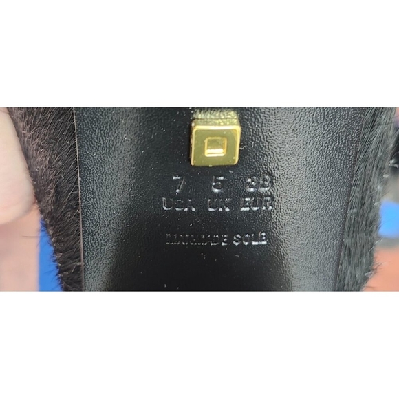 Kat Maconie Black Pony Hair Slingback Heels Gold Block Heel Blue Strap Sz 38 / 7 - Picture 13 of 15